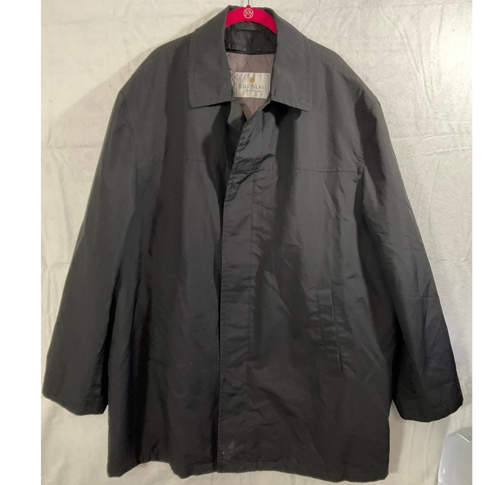 Bill Blass Car Coat Mens 2XL Black Quilted Lining Concealed Button Trench Jacket